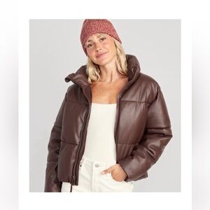 Old Navy Faux Leather Women's Brown Puffer Jacket